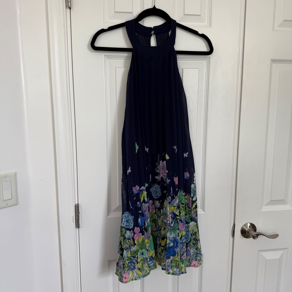 Butterfly Navy Blue Floral Pleated Halter Trapeze Chiffon‎ Dress Size Large EUC